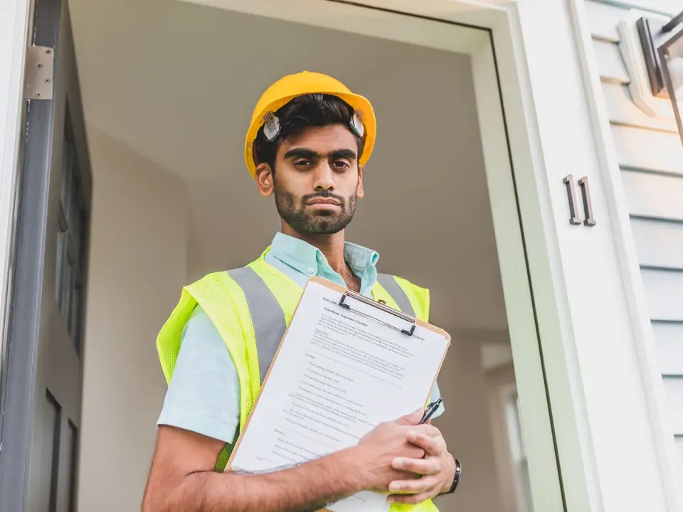 A worker in a hard hat and hi-vis vest holding a clipboard in a doorway